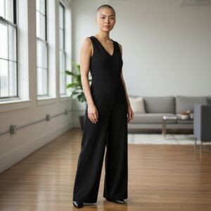 Theory Seamed Jumpsuit Black Sleeveless Wide Leg V-Neck Size 12 NWT Workwear